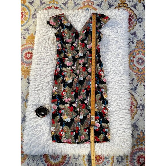 52 Greek Street Dress Women's 12 Black Faux Wrap Floral 100% Cotton Belted Midi - Picture 6 of 10